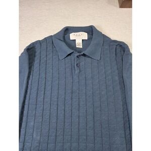 Next Linen Cotton Knit Polo Sweater Mens Large Blue Textured Grandpa Core...